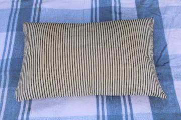 catalog photo of vintage indigo blue striped cotton ticking pillow, heavy old feather pillow