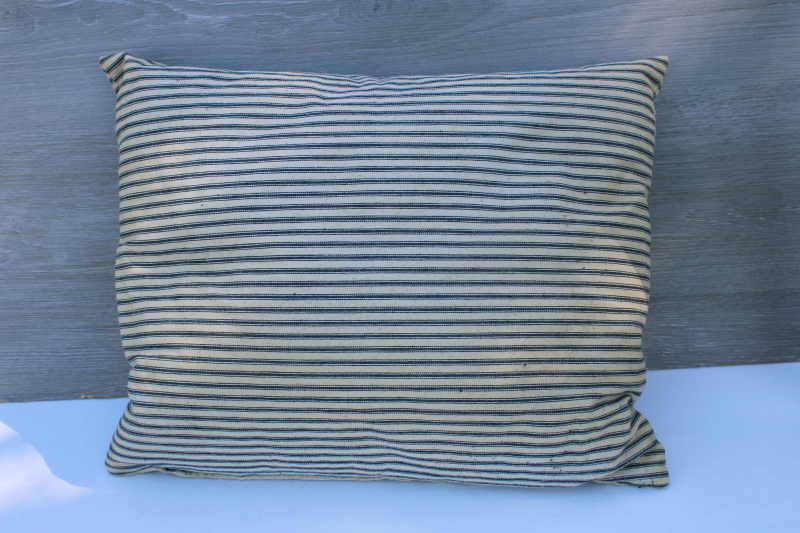 photo of vintage indigo blue striped cotton ticking pillow, small heavy feather pillow #1