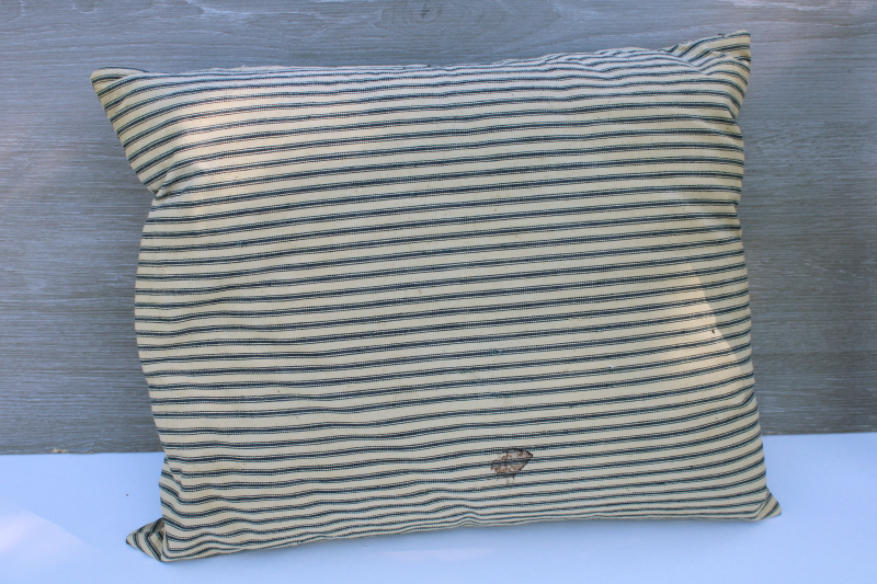 photo of vintage indigo blue striped cotton ticking pillow, small heavy feather pillow #2