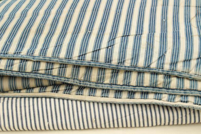 photo of vintage indigo blue striped ticking tick bed rolls, grubby rustic primitive country  #1