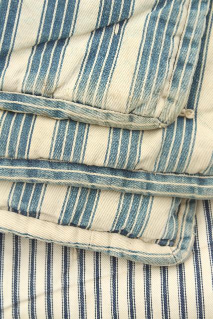 photo of vintage indigo blue striped ticking tick bed rolls, grubby rustic primitive country  #11