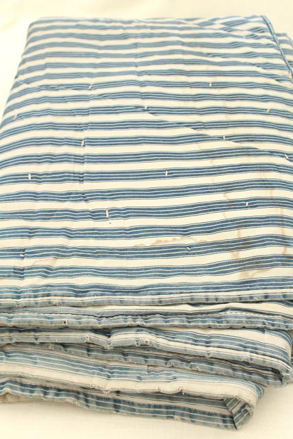 photo of vintage indigo blue striped ticking tick bed rolls, grubby rustic primitive country  #12