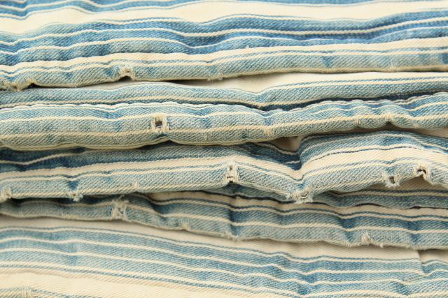 photo of vintage indigo blue striped ticking tick bed rolls, grubby rustic primitive country  #13