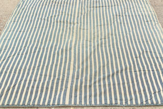 photo of vintage indigo blue striped ticking tick bed rolls, grubby rustic primitive country  #15