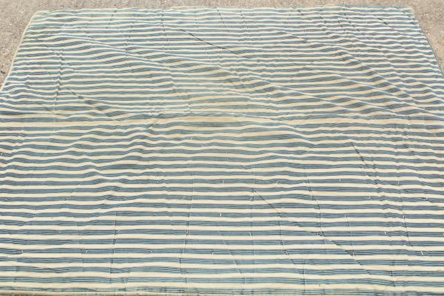 photo of vintage indigo blue striped ticking tick bed rolls, grubby rustic primitive country  #16