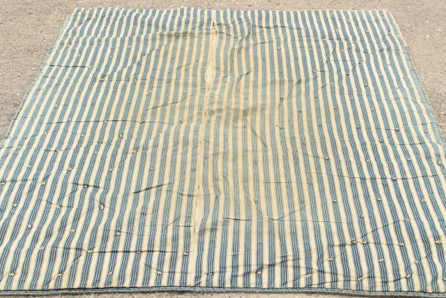 photo of vintage indigo blue striped ticking tick bed rolls, grubby rustic primitive country  #17