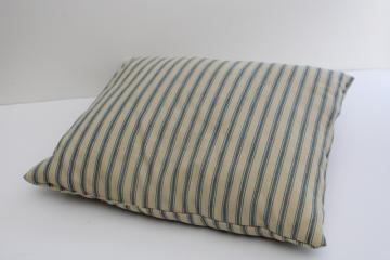 catalog photo of vintage indigo blue ticking striped square feather pillow or bench cushion 