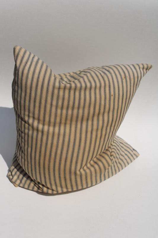 photo of vintage indigo blue ticking striped square feather pillow or bench cushion #3