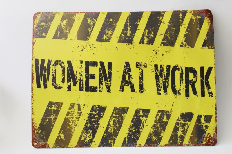 photo of vintage industrial look tin sign Women at Work office workshop she-shed decor #1