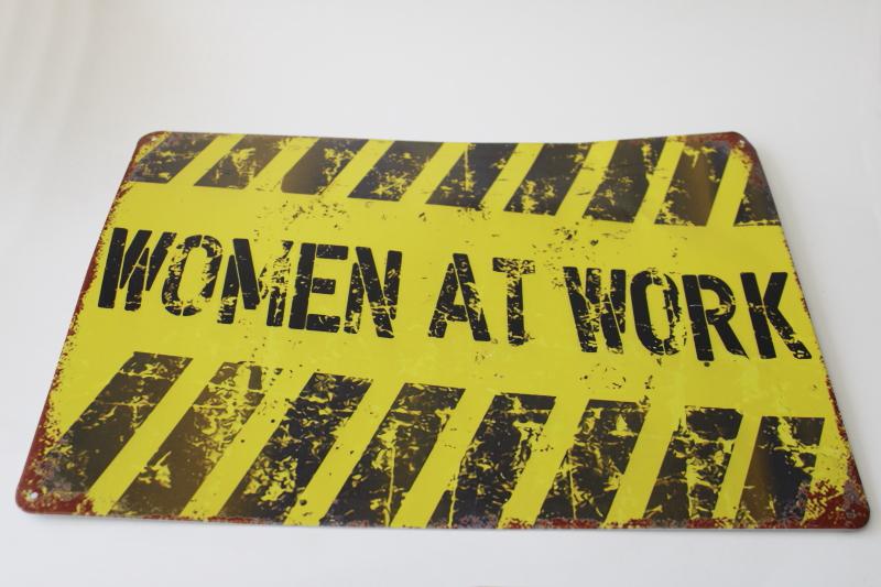 photo of vintage industrial look tin sign Women at Work office workshop she-shed decor #2