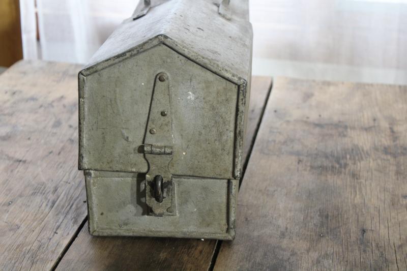 photo of vintage industrial mailbox or tool box, metal tombstone shape w/ hasp for padlock #6