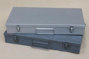 catalog photo of vintage industrial metal file boxes for storage of slides, retro photo slide files