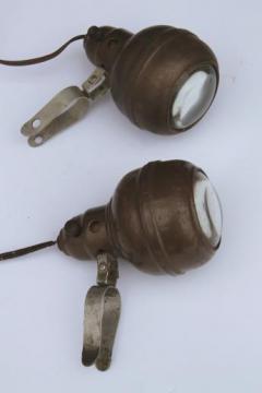 catalog photo of vintage industrial metal lights w/ magnifying lenses, steampunk vintage