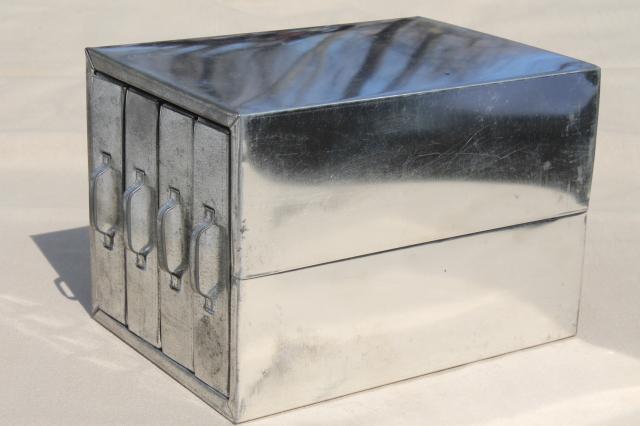 photo of vintage industrial metal parts chest / hardware organizer bin, tin box w/ storage drawers #9