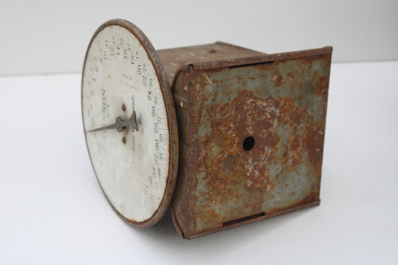 photo of vintage industrial metal scale base weighs up to 60 pounds, gauge face w/ detailed calibration & numbers #9