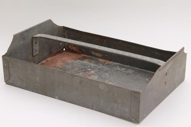 photo of vintage industrial metal tool tote toolbox tray, rusty rustic old paint patina #1