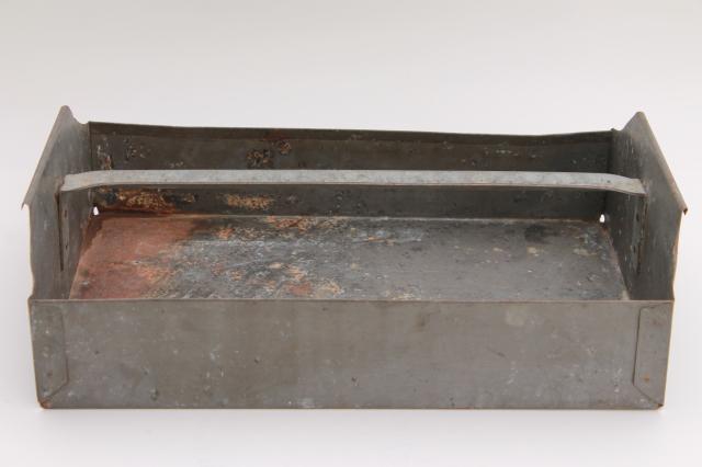 photo of vintage industrial metal tool tote toolbox tray, rusty rustic old paint patina #6