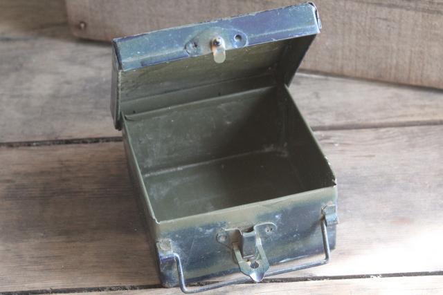 photo of vintage industrial metal toolbox, Illinois Highway Dept first aid case w/ latch & handle #6