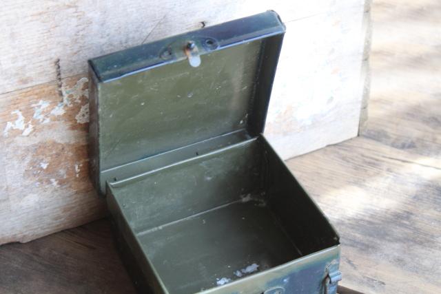 photo of vintage industrial metal toolbox, Illinois Highway Dept first aid case w/ latch & handle #8