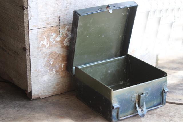 photo of vintage industrial metal toolbox, Illinois Highway Dept first aid case w/ latch & handle #9