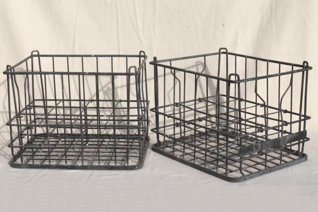 photo of vintage industrial milk crates, stacking metal boxes w/ old Mineral Point Wisconsin label #3