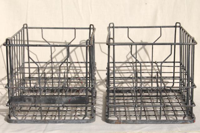 photo of vintage industrial milk crates, stacking metal boxes w/ old Mineral Point Wisconsin label #4