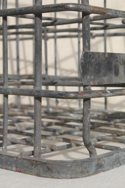 photo of vintage industrial milk crates, stacking metal boxes w/ old Mineral Point Wisconsin label #10