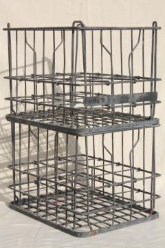 catalog photo of vintage industrial milk crates, stacking metal boxes w/ old Mineral Point Wisconsin label