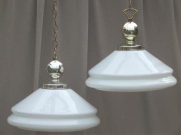 catalog photo of vintage industrial pendant lights w/ huge milk glass lamp shades, farmhouse style