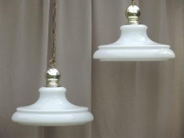 catalog photo of vintage industrial pendant lights w/ huge milk glass lamp shades, farmhouse style