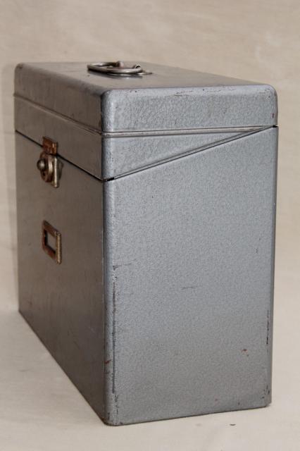 photo of vintage industrial steel file box, portable office file or desk paper cabinet #5