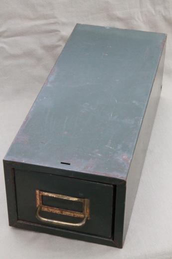 photo of vintage industrial steel file card catalog, machine age index card file box w/ olive drab paint #1