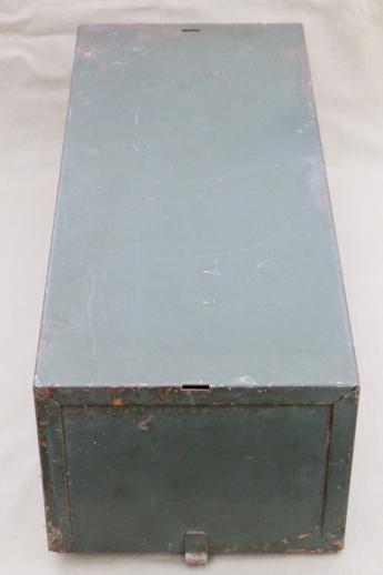 photo of vintage industrial steel file card catalog, machine age index card file box w/ olive drab paint #4