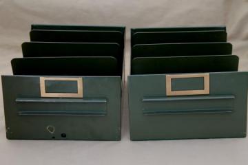 catalog photo of vintage industrial steel file organizer drawers, standing files paper storage boxes