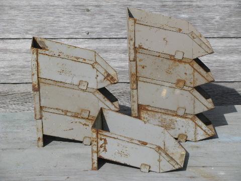 photo of vintage industrial steel parts sorting / storage bins, stacking shop boxes #2
