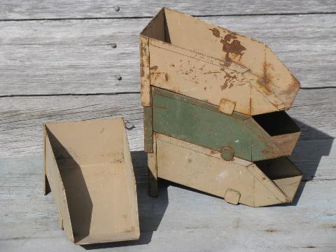 photo of vintage industrial steel parts sorting / storage bins, stacking shop boxes #1
