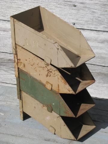 photo of vintage industrial steel parts sorting / storage bins, stacking shop boxes #2