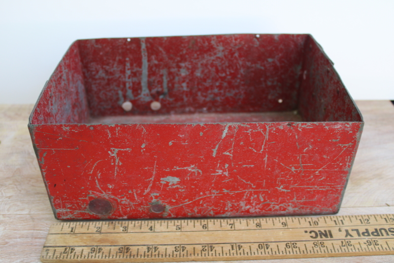 photo of vintage industrial steel storage box w/ worn red paint, rustic holiday decor #1