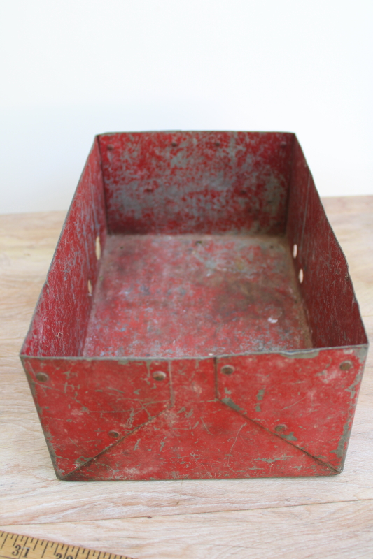 photo of vintage industrial steel storage box w/ worn red paint, rustic holiday decor #3