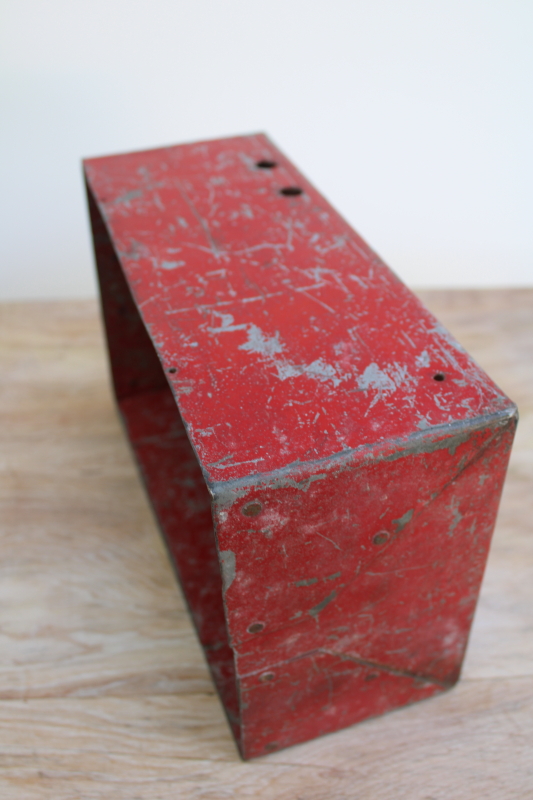 photo of vintage industrial steel storage box w/ worn red paint, rustic holiday decor #5
