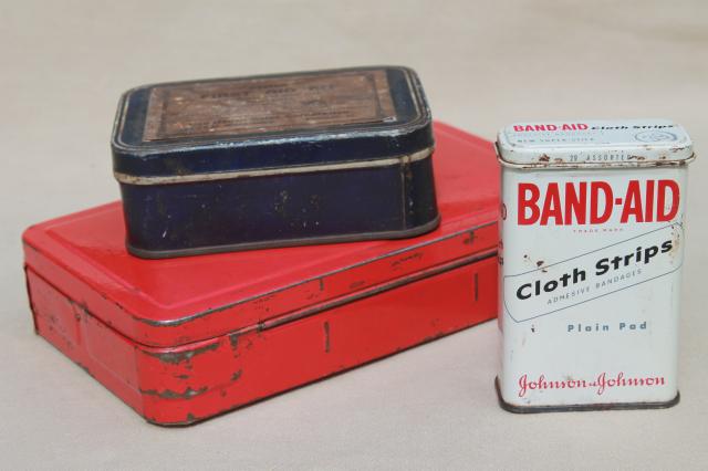 photo of vintage industrial style metal First Aid tins, small metal boxes for bandages etc. #1