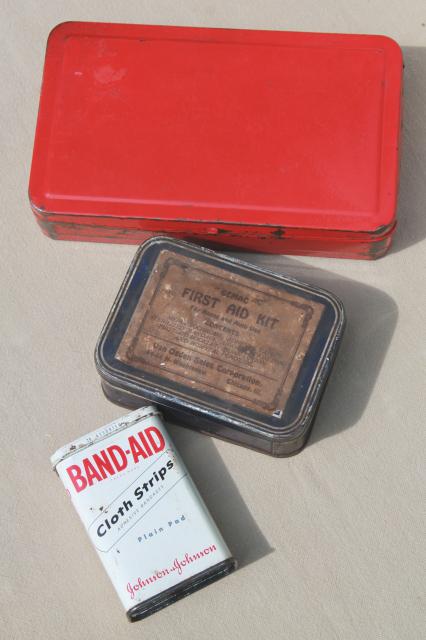 photo of vintage industrial style metal First Aid tins, small metal boxes for bandages etc. #3