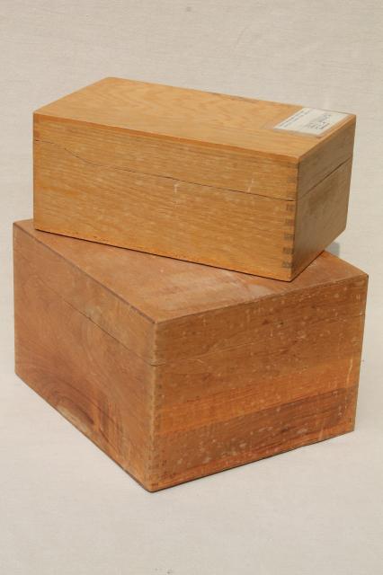 photo of vintage industrial style oak file boxes, old school library desk index card files #1