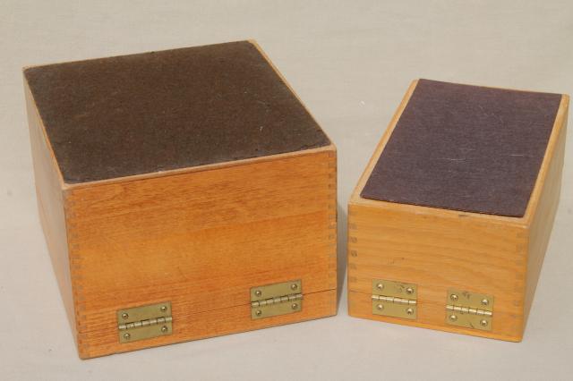 photo of vintage industrial style oak file boxes, old school library desk index card files #2