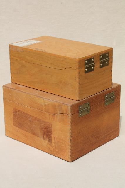 photo of vintage industrial style oak file boxes, old school library desk index card files #4