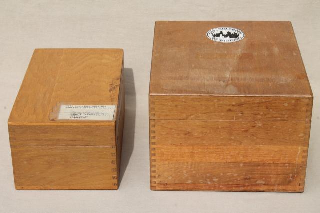 photo of vintage industrial style oak file boxes, old school library desk index card files #5