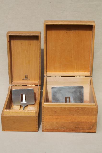 photo of vintage industrial style oak file boxes, old school library desk index card files #6