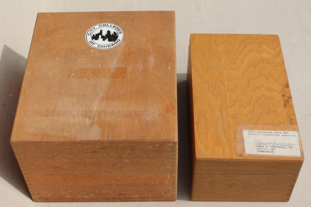 photo of vintage industrial style oak file boxes, old school library desk index card files #11