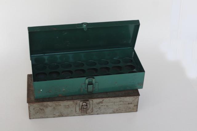 photo of vintage industrial tool boxes for small hardware, Monarch & Delavan parts storage racks #1