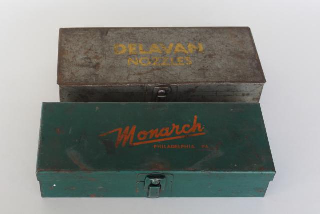 photo of vintage industrial tool boxes for small hardware, Monarch & Delavan parts storage racks #2